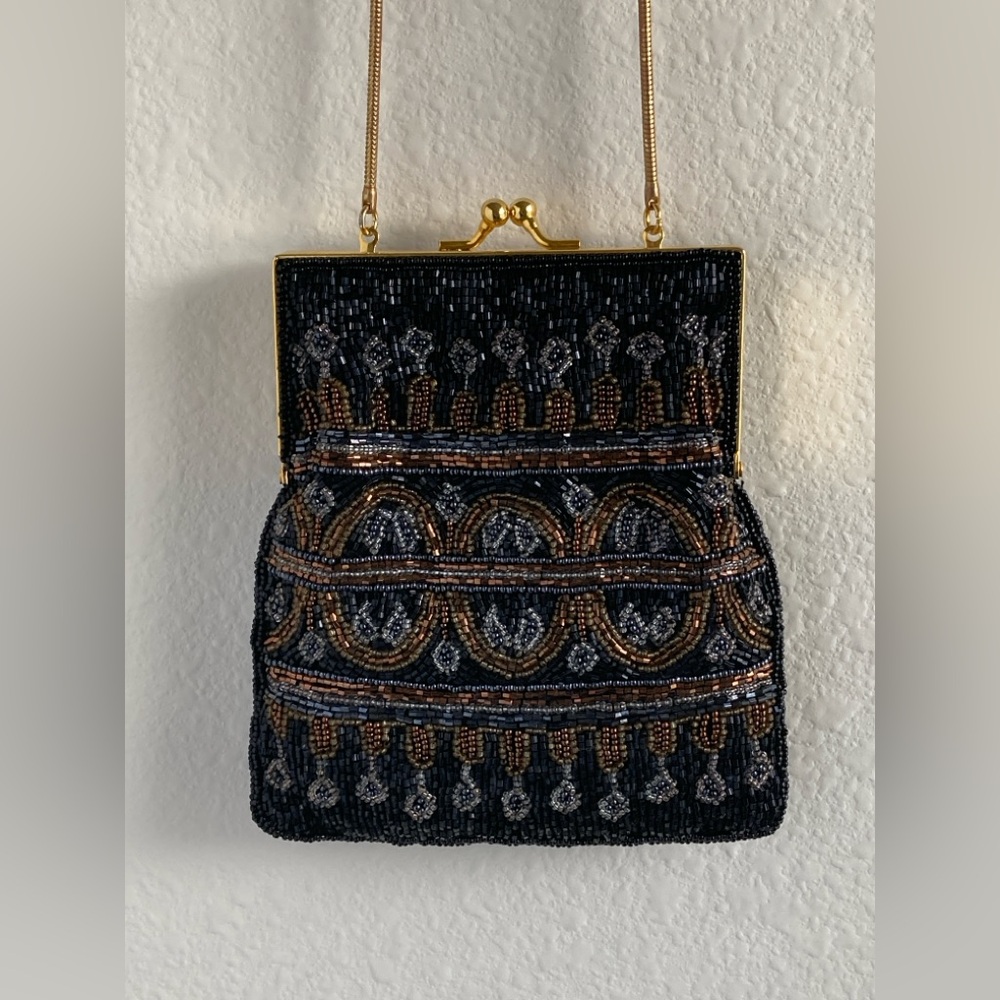 Hillard & Hanson Black Gold Beaded Evening Bag Art Deco Clutch Purse